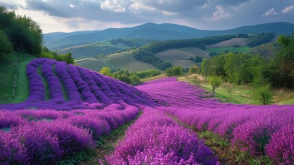 Poster -  a field full of purple flowers next to a lush green hillside with rolling hills in the distance and clouds in the sky over the top of the mountains in the distance.