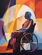 Woman sitting in a wheelchair, beautiful serene peaceful image with nice dynamic vibrant colors, abstract background, splendid color interplay, contrasting light and shadow, modern original painting