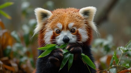 Poster -  a close up of a red panda holding a leaf in it's mouth and looking at the camera with a blurry background of leaves in the foreground.