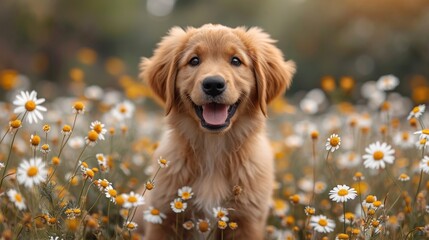 Wall Mural -  a close up of a dog in a field of flowers with daisies in the foreground and a blurry background of trees and bushes in the foreground.