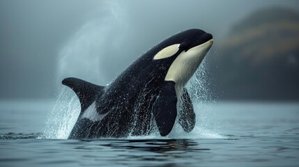 Wall Mural -  a black and white orca jumping out of the water with it's mouth open and it's head above the water's surface in the air.