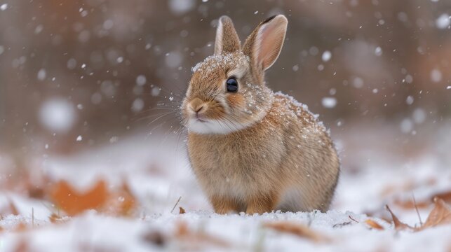  a close up of a rabbit in a field of snow with it's head turned to the side and it's eyes wide open, with snowing on the ground.