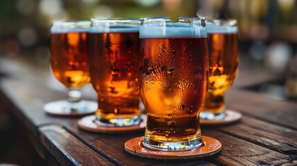 Poster -  a group of glasses of beer sitting on top of a wooden table on top of a wooden table next to another glass of beer on top of a wooden table.