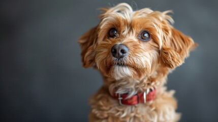 Wall Mural -  a close up of a brown dog with a red collar looking at the camera with a serious look on his face, with a black background of a gray backdrop.