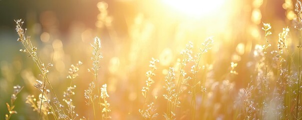 Wall Mural - meadow graced with grass nature meets summer sun sunlight casting glow on every plant yellow hues in