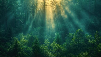 Poster -  a forest filled with lots of green trees and sunlight shining through the trees on top of the trees is a forest filled with lots of green trees with lots of green leaves.