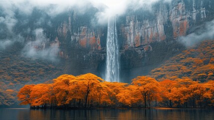 Wall Mural -  a waterfall in the middle of a forest with orange trees in the foreground and a body of water in the foreground with a fog in the foreground.