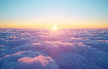 Canvas Print -  the sun is setting over the clouds as seen from the window of an airplane on a clear, blue, and yellow day with the sun peeking through the clouds.