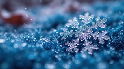 Poster -  a close up of a snowflake on a blue surface with snow flakes in the foreground and a blurry background of snow flakes in the foreground.