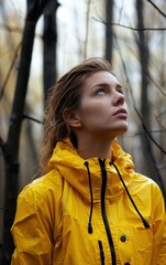 Wall Mural -  a woman in a yellow jacket looking up into the sky in a wooded area with trees and a bird perched on the top of the tree branch in the foreground.