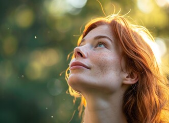 Canvas Print -  a woman with red hair and freckled hair looking up into the sky with sunlight shining on her face and her hair blowing in the wind in the wind.