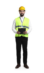 Wall Mural - Engineer in hard hat holding clipboard on white background