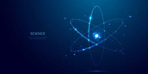 Poster - Abstract atom cosmic icon or symbol. Nuclear science concept on technology blue background. Atom or molecule with light orbits and bright sparkles in blue polygonal style. Digital vector illustration.