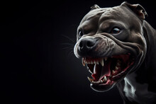 An Angry Aggressive Pit Bull Terrier Type Dog Snarling Isolated On Solid Black Background. Ai Generative