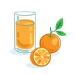 A large glass of orange juice and a fresh orange. Picture in line style. Dark outline with colored spots. Isolated on white background. Vector flat illustration.