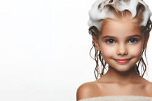Little Girl With Soaped Hair Isolated On Solid White Background. Ai Generative