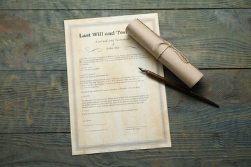 Canvas Print - Last Will and Testament, scroll and pen on rustic wooden table, flat lay