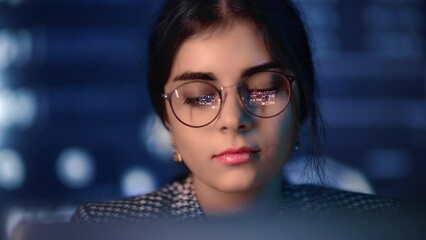 Woman big data analyzing working laptop cyberspace futuristic digital technology database closeup