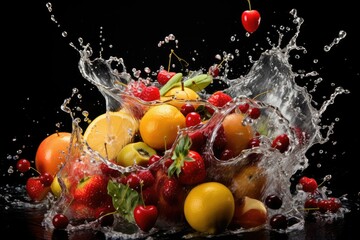 Fresh fruit splashing into clear water, Fresh fruits into clear water splash background Ai generated