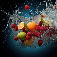 Fresh fruit splashing into clear water, Fresh fruits into clear water splash background, panorama wallpaper with fruits in the water fresh, Ai generated