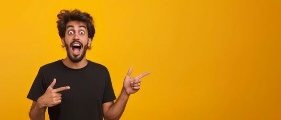 Wall Mural - Studio photo of young man standing on left isolated on yellow background pointing at blank space for your advertisement in black t shirt seeing something unusual or unexpected. Generative ai