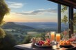 Mesa posta para o café da manhã ao lado de uma janela com linda paisagem ao nascer do sol. (gerado com IA)