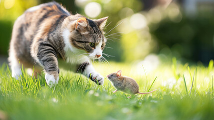 A beautiful cat plays with a mouse outside in the green grass.