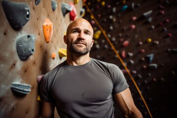 Portrait of a serious mature man climbing in a climbing wall. With generative AI technology