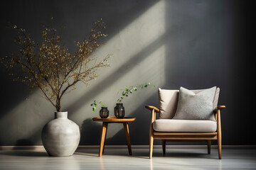 Embrace simplicity with two chairs and a table, accompanied by a cute little plant, set against a simple solid wall with a blank empty white frame for your creative touch.