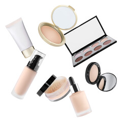 Face powders and other makeup products falling on white background