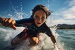 Portrait of a concentrated kid male doing water skiing in the sea. With generative AI technology