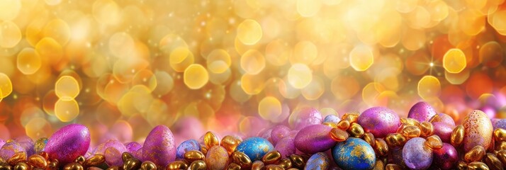 Wall Mural - Banner for celebration of Easter holiday. Colorful Easter eggs onf festive background with copy space for text