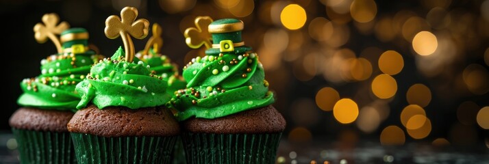 Banner for Delicious cupcakes with green topping creme and dark festive background fo St. Patrick's Day celebration