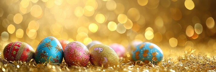 Wall Mural - Banner for celebration of Easter holiday. Colorful Easter eggs onf festive background with copy space for text
