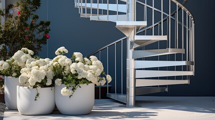 Poster - the background of the white spiral staircase outside the house is equipped with a flower vase