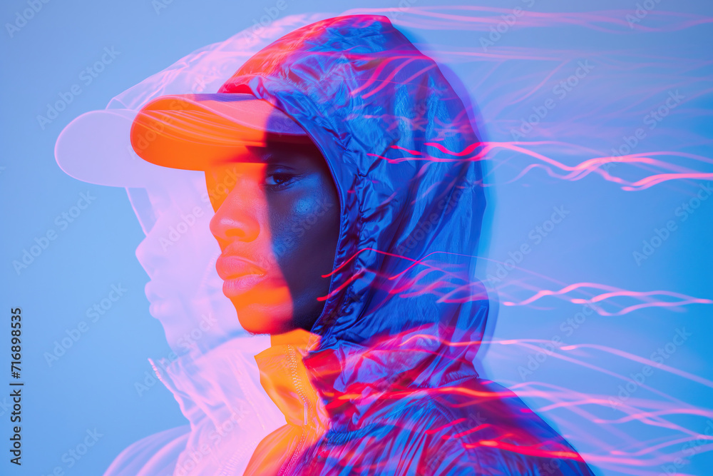 Dynamic double exposure portrait of a young black man. Generative AI image