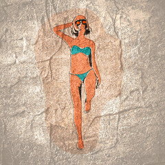 Poster - Illustration of a beautiful fashion model posing in a stylish swimsuit wearing sunglasses. Young attractive woman in beachwear.