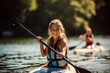 Portrait of a concentrated kid female doing paddle surfing in a lake. With generative AI technology