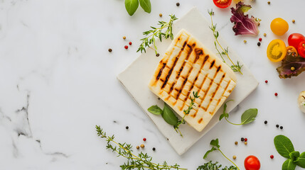 Grilled goat halloumi cheese with tomatoes, red lettuce, herbs and spices on white marble background, top view. Mediterranean diet concept. Flat lay. Food pattern.