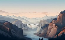 Vector Illustration Flat Landscape Of Bridge Between Cliffs With Misty Mountains Background In The Afternoon