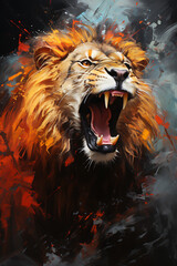  Realistic roaring lion oil painting artwork - hand painted lion mane head colorful whimsical watercolor illustration canvas art portrait - zoo animal wildlife jungle king mammal wallpaper background