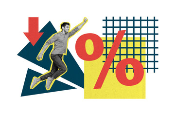 Poster - Collage of silhouette business man jumping raised fist up save company during inflation percent falling down isolated on white background