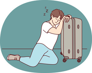 Wall Mural - Tired man sleeps resting head on travel suitcase after difficult business trip. Vector image