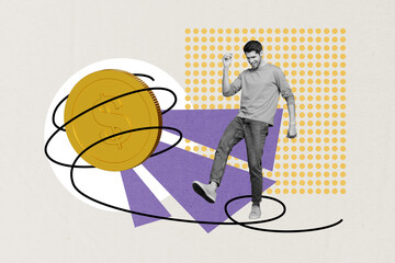 Poster - Magazine collage picture of funky lucky guy winning money isolated drawing grey color background