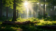 Forest illustration HD 8K wallpaper Stock Photographic Image,, Sunlight filters through lush green forest canopy
