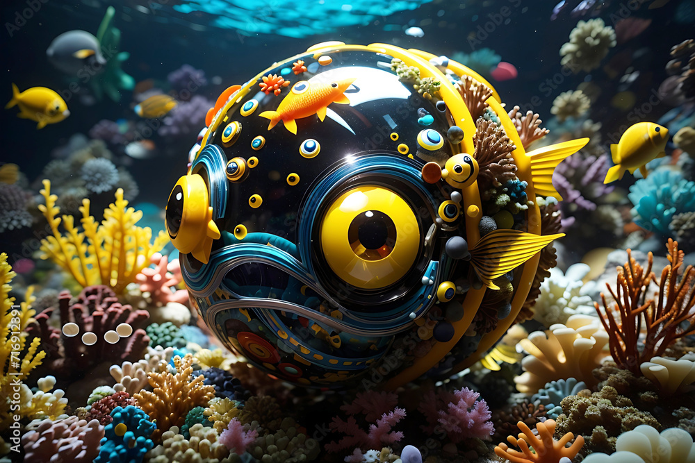 marine aquarium red and yellow fish eating and blowing up under the sea ...