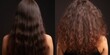 © ckybe - Woman's hair damage from heat and frizz on brown studio background, salon treatment with keratin before/after.