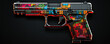 Vivid colored handgun on black background. Glock pistol weapon in rainbow colors