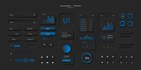 Poster - A set of user interface elements for a mobile application in a dark style. User interface icons for the internet, social networks, and business. Neomorphic UI UX design collection. Vector illustration