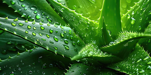 Dewy Aloe Vera Close-up. Macro wallpaper of fresh aloe vera leaves with water droplets.